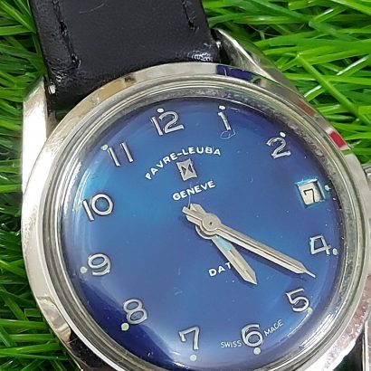 Favre-Leuba Geneve Sea-King Royal Blue Metallic Shiny Dial and Brown Genuine Leather Band Made in Swiss Handwinding Movement Vintage Wrist Watch