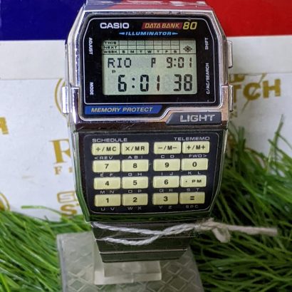 Casio DATA BANK 80 DBC-810 silver Memory Protect retro watch vintage rectangle