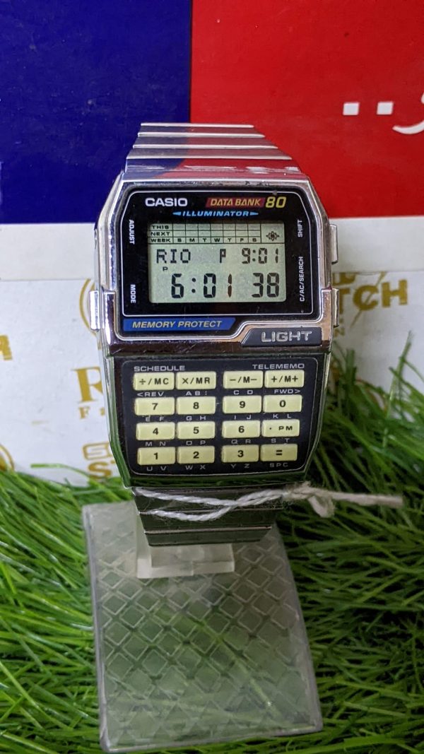 Casio DATA BANK 80 DBC-810 silver Memory Protect retro watch vintage rectangle