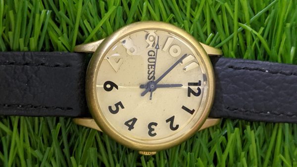 Vintage Guess Waterpro Men Gold Tone Date 1996 Brown Leather Band New Battery