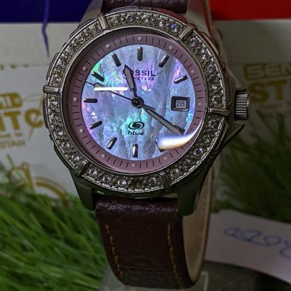 Fossil Blue Watch Women Silver Tone Date Pink Pave Bezel 100M