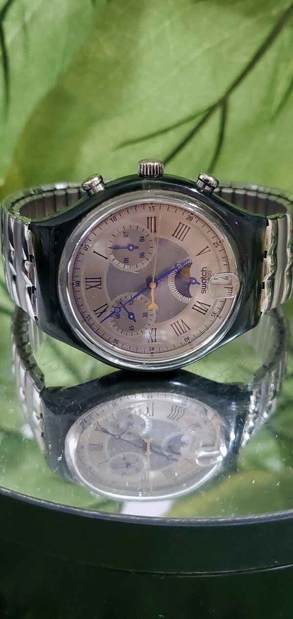 Vintage Swatch 1990 Quartz movement 6103 chronograph moon phase Date silver Dial